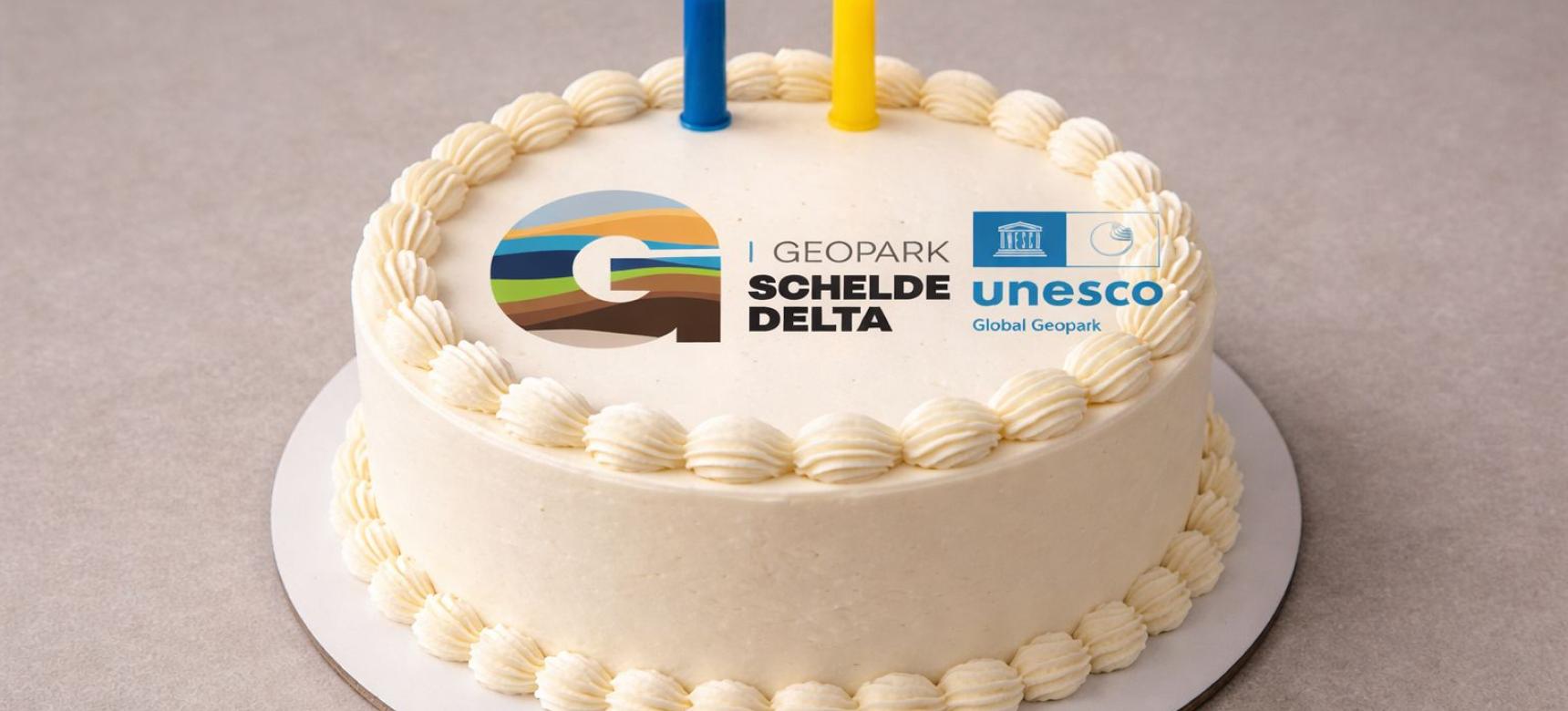 Taart met 2 kaarsjes voor Geopark Schelde Delta