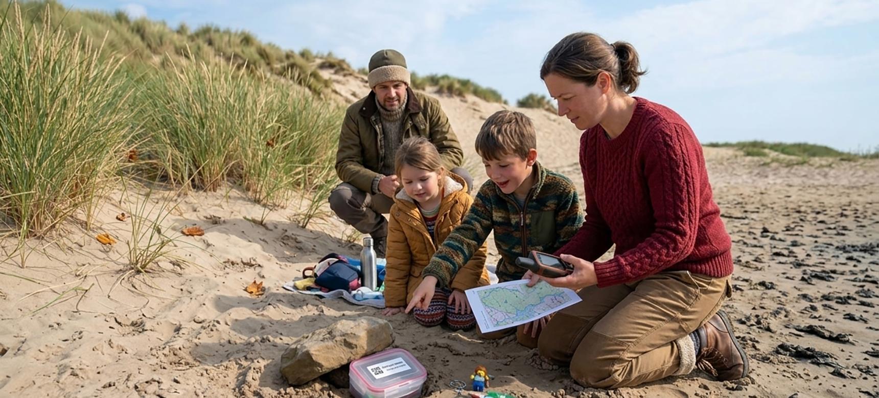 Een gezin zoekt een Geocache op het strand in de herfst