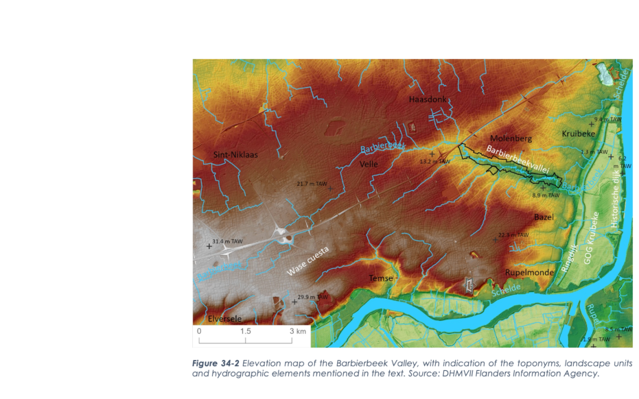 Elevation map of the Barbierbeek Valley, with indication of the toponyms, landscape units and hydrographic elements mentioned in the text. 