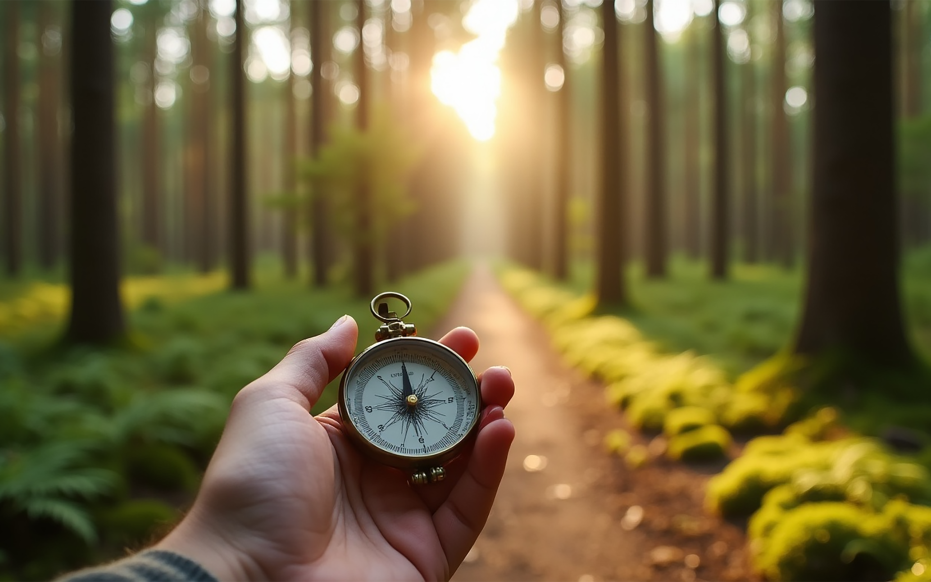 Wandelend door een bos met een kompas in de hand